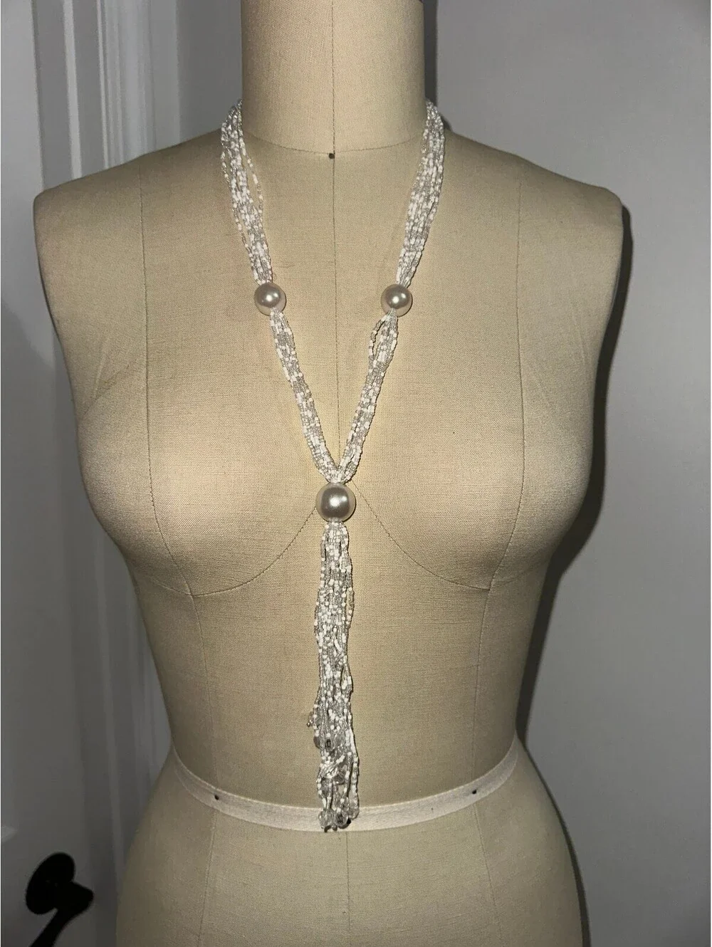 Elegant White Beaded Tassel Necklace with Pearl Accents